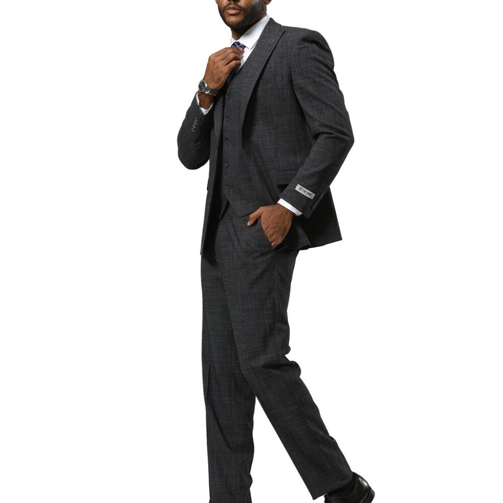 Charcoal Tattersall Plaid Peak Lapel 3 Piece Stacy Adams Men's Suit